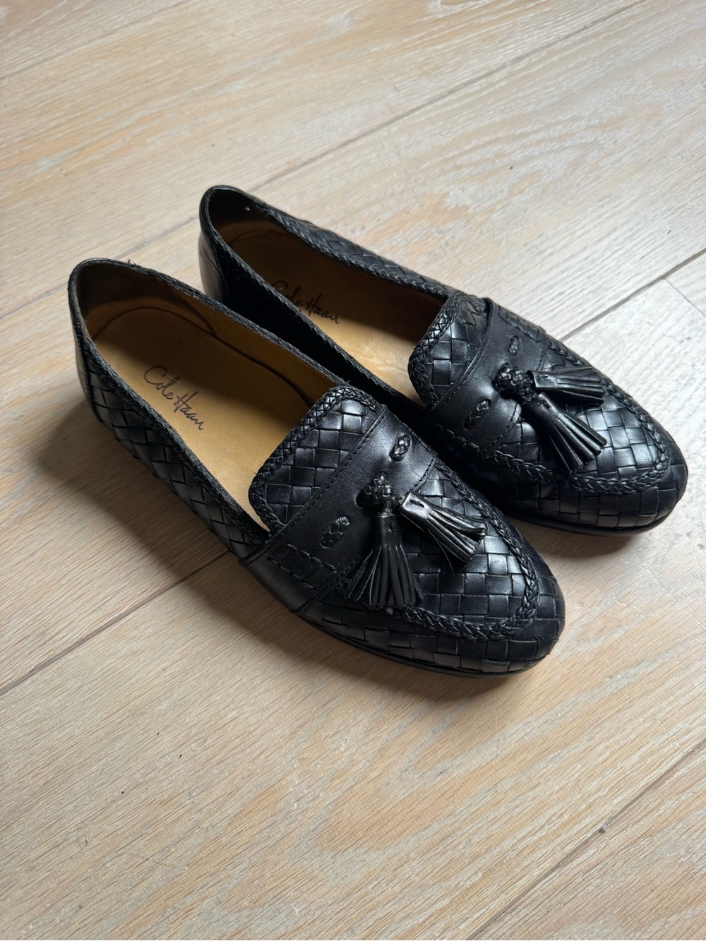 Cole Haan Black Woven Leather Tassel Slip-On Loafers
